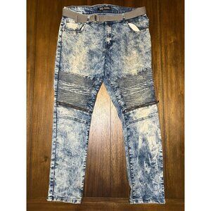 ROK Hand Crafted Mens Moto Biker Acid Wash Slim Blue Jeans W38 L32 With‎ Belt